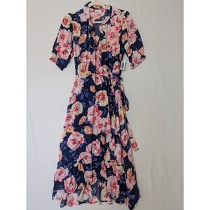 Old Navy Waist-Defined Ruffled Tie-Belt Midi Wrap Dress Size‎ Medium Navy Floral
